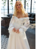 Off Shoulder Beaded Ivory Pleated Chiffon Wedding Dress